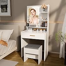 Amazon｜ドレッサー 白 幅60cm コンパクト 化粧台 スツール付き